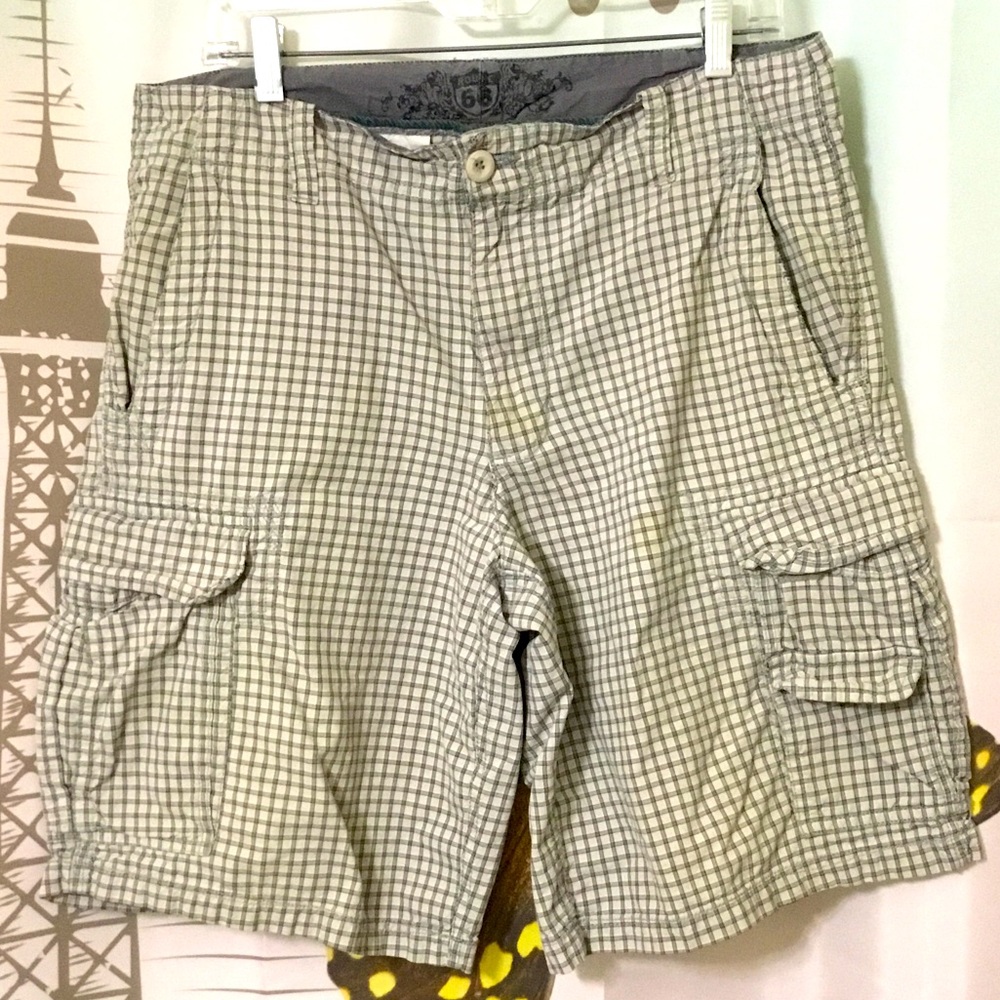 Route 66 Mens Size 36 Cargo Shorts Tan White Plaid Walking Golf 100% Cotton